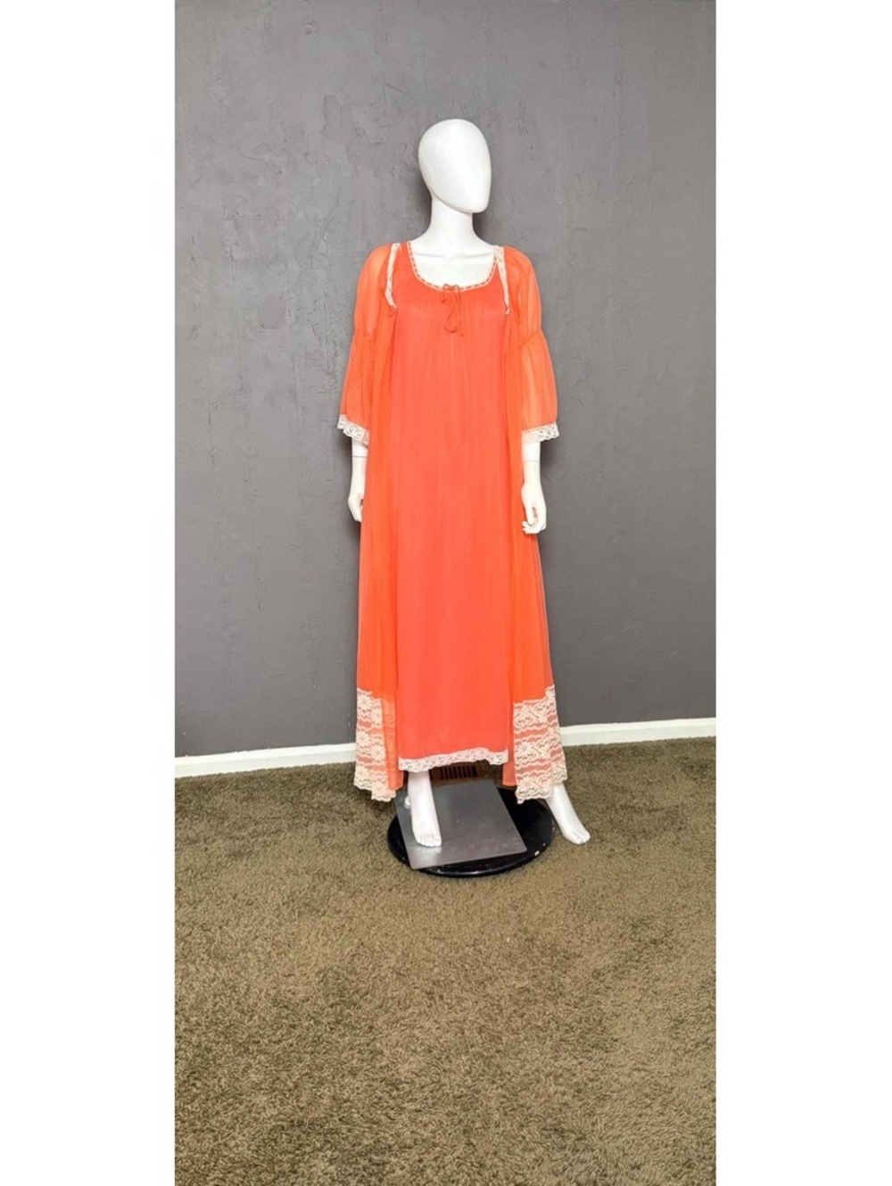 1960's Peignoir + Nightgown Set Coral + Cream Lace Double Chiffon by Miss Elaine